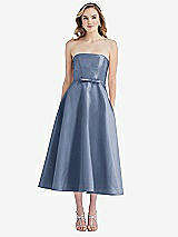 Front View Thumbnail - Larkspur Blue Strapless Bow-Waist Full Skirt Satin Midi Dress