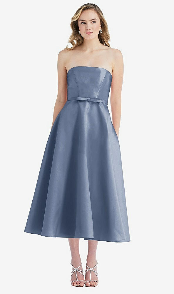 Front View - Larkspur Blue Strapless Bow-Waist Full Skirt Satin Midi Dress