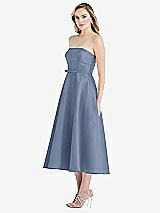 Side View Thumbnail - Larkspur Blue Strapless Bow-Waist Full Skirt Satin Midi Dress