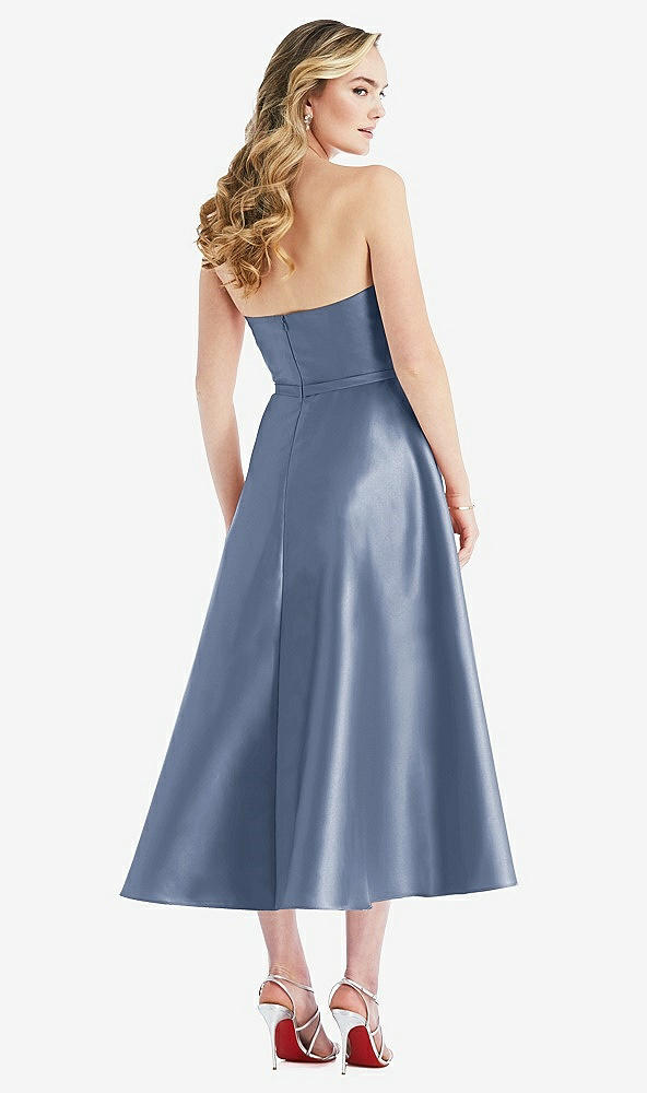 Back View - Larkspur Blue Strapless Bow-Waist Full Skirt Satin Midi Dress