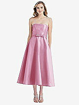 Front View Thumbnail - Powder Pink Strapless Bow-Waist Full Skirt Satin Midi Dress