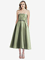 Front View Thumbnail - Sage Strapless Bow-Waist Full Skirt Satin Midi Dress