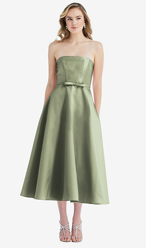 Front View - Sage Strapless Bow-Waist Full Skirt Satin Midi Dress