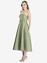 Side View Thumbnail - Sage Strapless Bow-Waist Full Skirt Satin Midi Dress