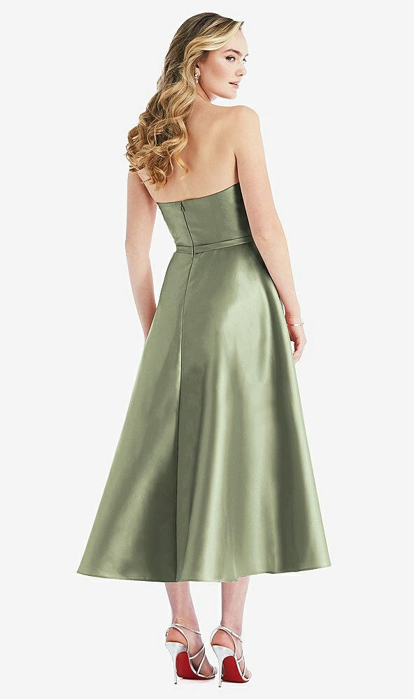 Back View - Sage Strapless Bow-Waist Full Skirt Satin Midi Dress