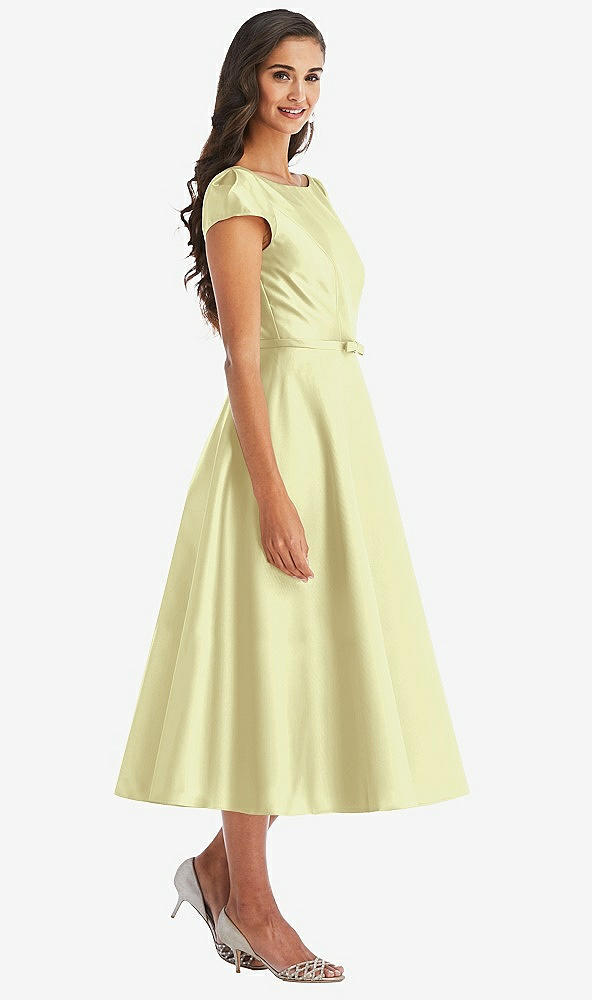 Front View - Butter Yellow Puff Sleeve Bow-Waist Full Skirt Satin Midi Dress