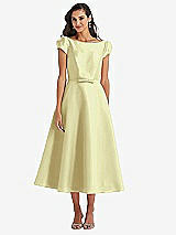 Side View Thumbnail - Butter Yellow Puff Sleeve Bow-Waist Full Skirt Satin Midi Dress