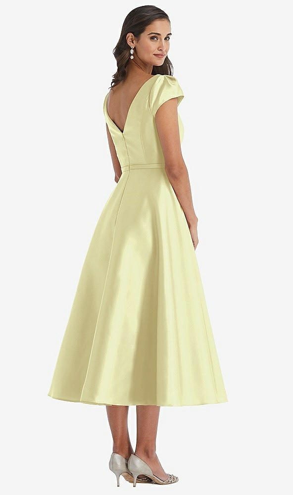 Back View - Butter Yellow Puff Sleeve Bow-Waist Full Skirt Satin Midi Dress