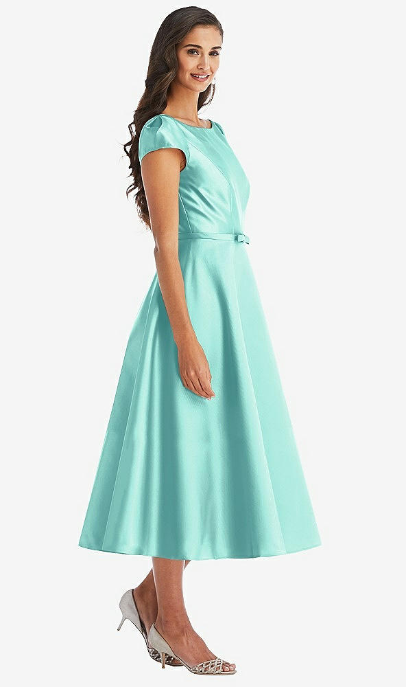 Front View - Coastal Puff Sleeve Bow-Waist Full Skirt Satin Midi Dress