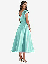 Rear View Thumbnail - Coastal Puff Sleeve Bow-Waist Full Skirt Satin Midi Dress