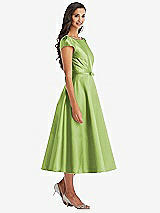 Front View Thumbnail - Mojito Puff Sleeve Bow-Waist Full Skirt Satin Midi Dress