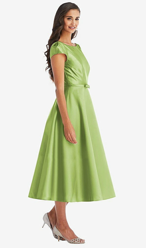 Front View - Mojito Puff Sleeve Bow-Waist Full Skirt Satin Midi Dress