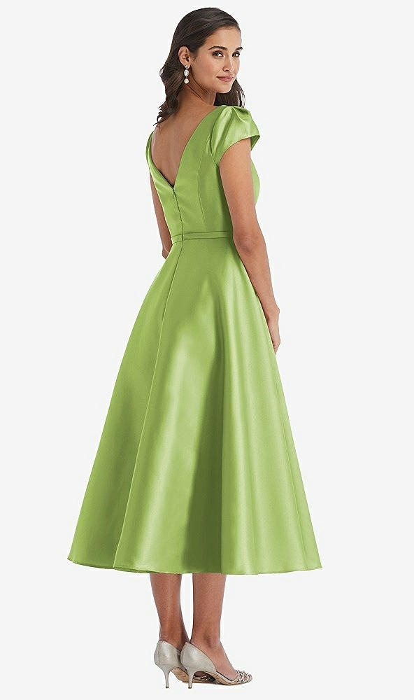 Back View - Mojito Puff Sleeve Bow-Waist Full Skirt Satin Midi Dress