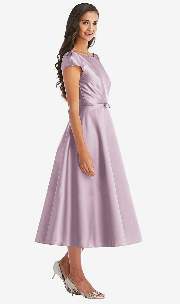 Front View - Suede Rose Puff Sleeve Bow-Waist Full Skirt Satin Midi Dress