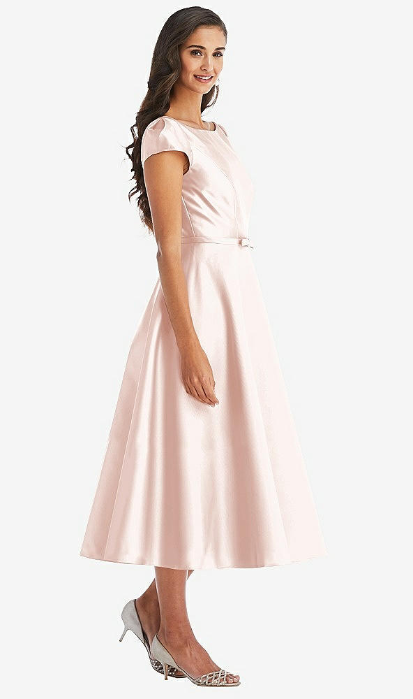 Front View - Blush Puff Sleeve Bow-Waist Full Skirt Satin Midi Dress