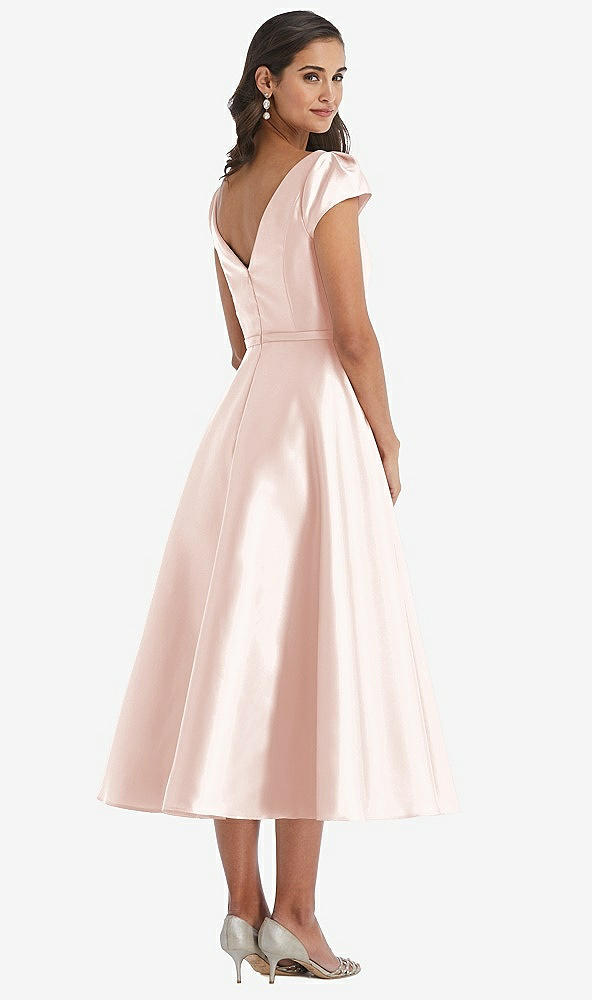 Back View - Blush Puff Sleeve Bow-Waist Full Skirt Satin Midi Dress