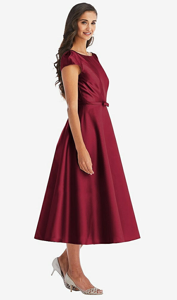 Front View - Burgundy Puff Sleeve Bow-Waist Full Skirt Satin Midi Dress