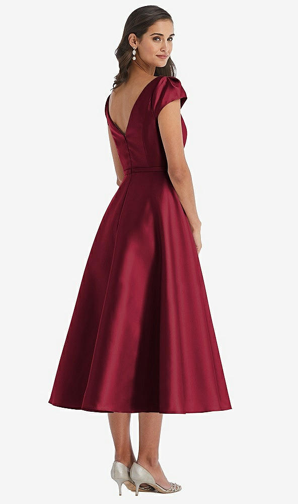 Back View - Burgundy Puff Sleeve Bow-Waist Full Skirt Satin Midi Dress