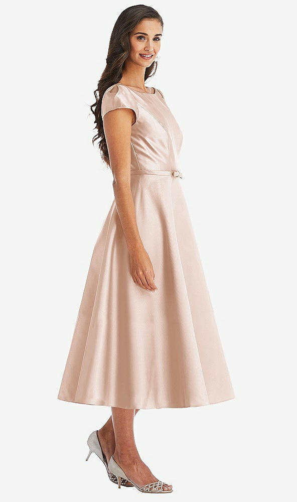 Front View - Cameo Puff Sleeve Bow-Waist Full Skirt Satin Midi Dress