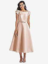 Side View Thumbnail - Cameo Puff Sleeve Bow-Waist Full Skirt Satin Midi Dress