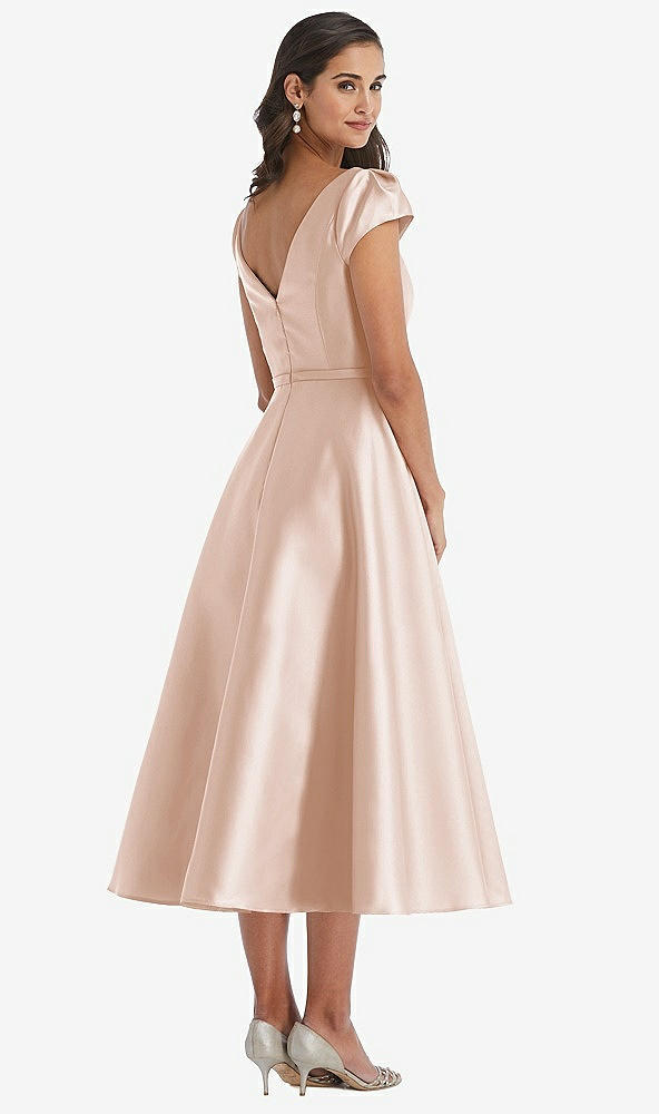 Back View - Cameo Puff Sleeve Bow-Waist Full Skirt Satin Midi Dress