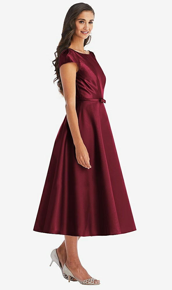 Front View - Cabernet Puff Sleeve Bow-Waist Full Skirt Satin Midi Dress