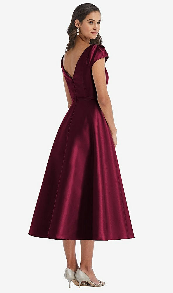 Back View - Cabernet Puff Sleeve Bow-Waist Full Skirt Satin Midi Dress