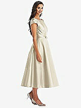 Front View Thumbnail - Champagne Puff Sleeve Bow-Waist Full Skirt Satin Midi Dress