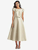 Side View Thumbnail - Champagne Puff Sleeve Bow-Waist Full Skirt Satin Midi Dress