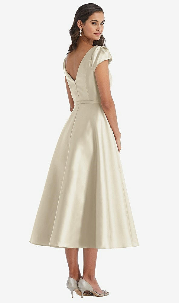 Back View - Champagne Puff Sleeve Bow-Waist Full Skirt Satin Midi Dress