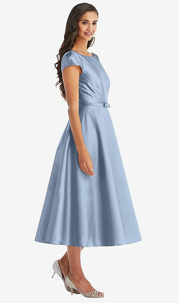 Front View - Cloudy Puff Sleeve Bow-Waist Full Skirt Satin Midi Dress