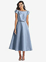 Side View Thumbnail - Cloudy Puff Sleeve Bow-Waist Full Skirt Satin Midi Dress