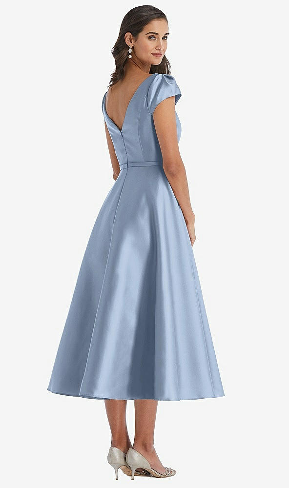 Back View - Cloudy Puff Sleeve Bow-Waist Full Skirt Satin Midi Dress