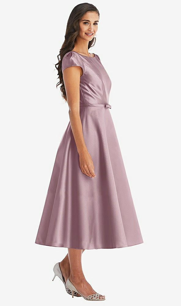 Front View - Dusty Rose Puff Sleeve Bow-Waist Full Skirt Satin Midi Dress