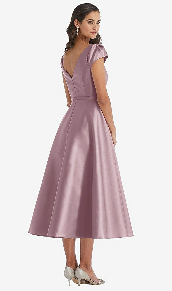 Back View - Dusty Rose Puff Sleeve Bow-Waist Full Skirt Satin Midi Dress