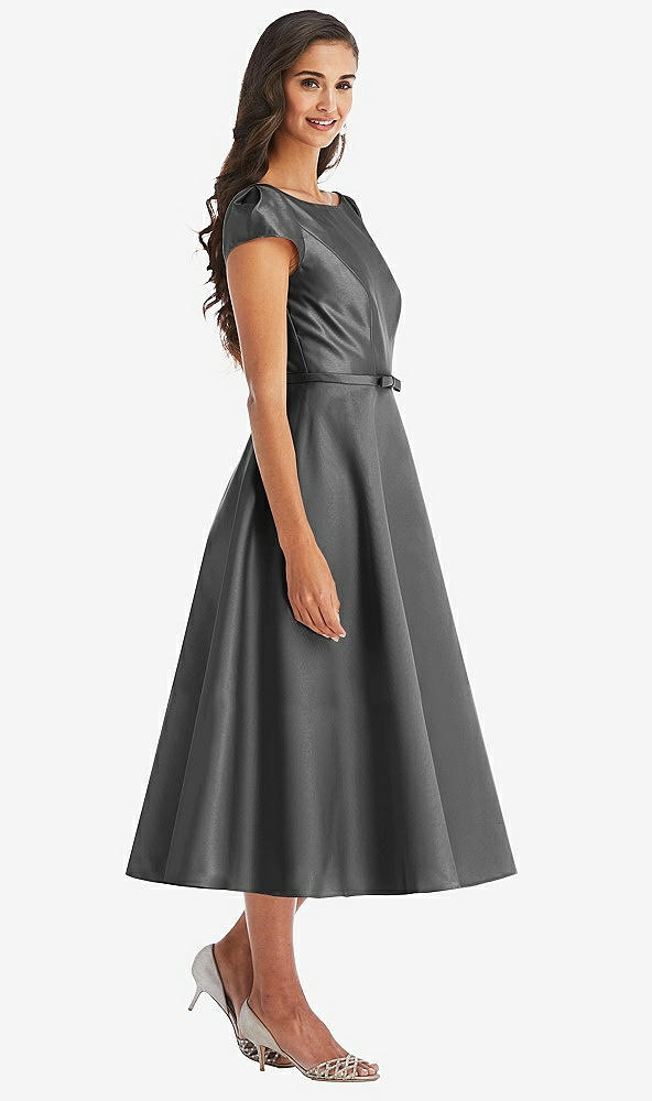 Front View - Gunmetal Puff Sleeve Bow-Waist Full Skirt Satin Midi Dress