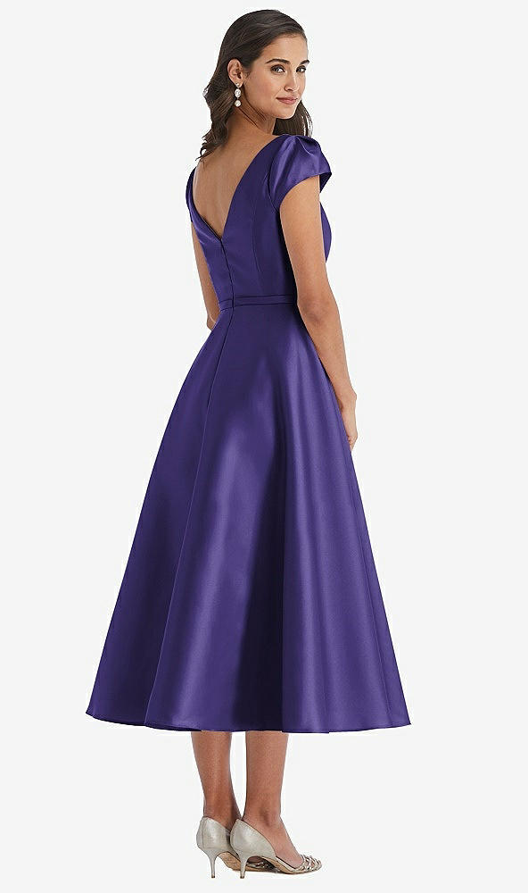 Back View - Grape Puff Sleeve Bow-Waist Full Skirt Satin Midi Dress