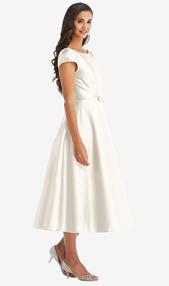 Front View - Ivory Puff Sleeve Bow-Waist Full Skirt Satin Midi Dress