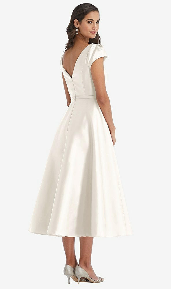 Back View - Ivory Puff Sleeve Bow-Waist Full Skirt Satin Midi Dress