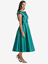 Front View Thumbnail - Jade Puff Sleeve Bow-Waist Full Skirt Satin Midi Dress