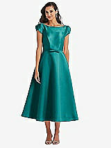 Side View Thumbnail - Jade Puff Sleeve Bow-Waist Full Skirt Satin Midi Dress