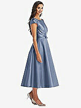 Front View Thumbnail - Larkspur Blue Puff Sleeve Bow-Waist Full Skirt Satin Midi Dress