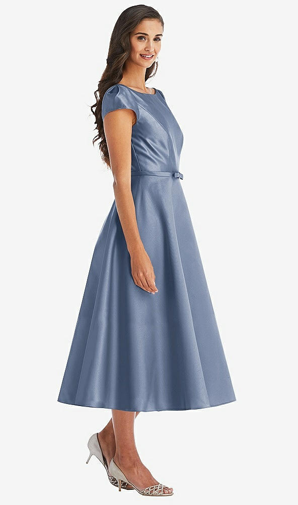 Front View - Larkspur Blue Puff Sleeve Bow-Waist Full Skirt Satin Midi Dress