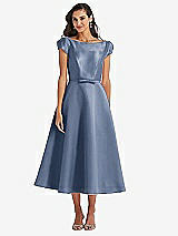 Side View Thumbnail - Larkspur Blue Puff Sleeve Bow-Waist Full Skirt Satin Midi Dress