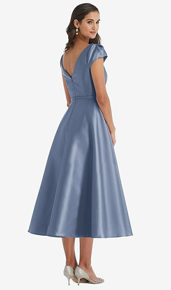 Back View - Larkspur Blue Puff Sleeve Bow-Waist Full Skirt Satin Midi Dress