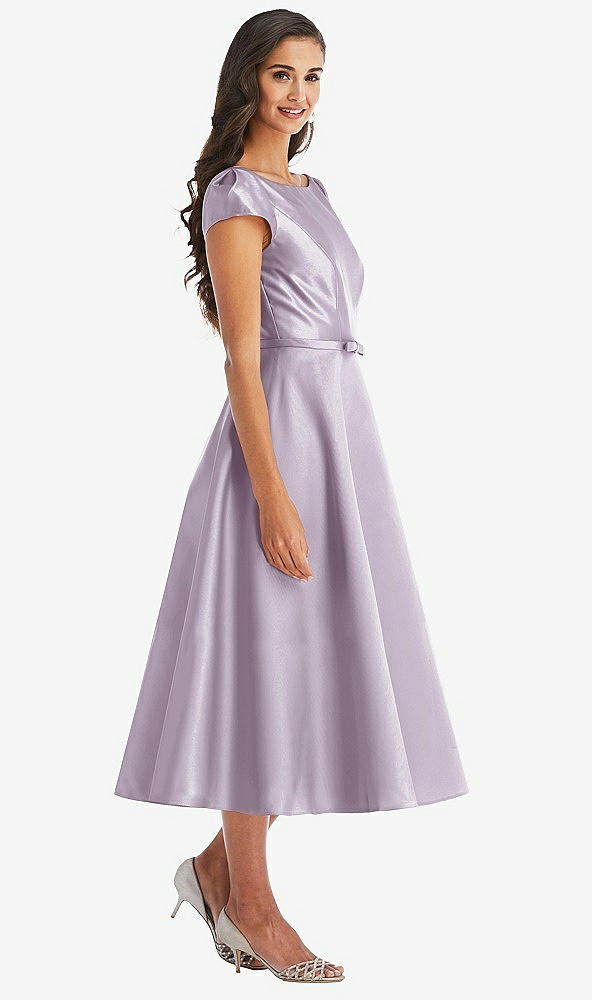 Front View - Lilac Haze Puff Sleeve Bow-Waist Full Skirt Satin Midi Dress