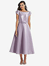 Side View Thumbnail - Lilac Haze Puff Sleeve Bow-Waist Full Skirt Satin Midi Dress