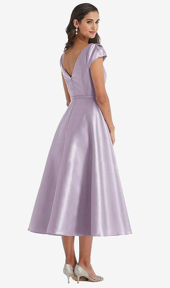 Back View - Lilac Haze Puff Sleeve Bow-Waist Full Skirt Satin Midi Dress