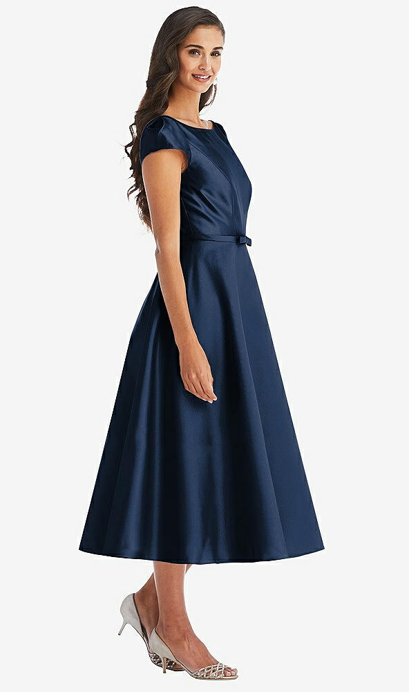 Front View - Midnight Navy Puff Sleeve Bow-Waist Full Skirt Satin Midi Dress