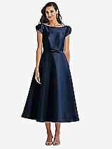 Side View Thumbnail - Midnight Navy Puff Sleeve Bow-Waist Full Skirt Satin Midi Dress